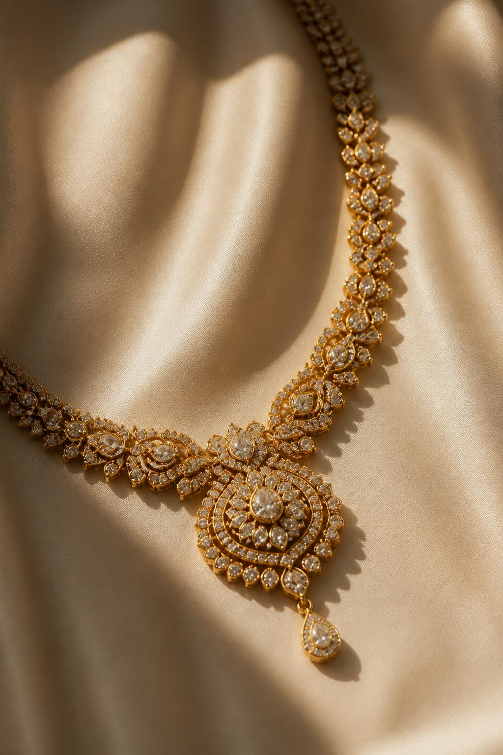 Hand-set diamond necklace on silk